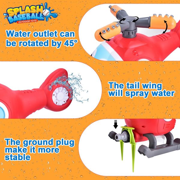 TANSAR Water Sprinkler Baseball Toy Set for Kids, Outdoor Water T Ball Game for Kids Ages 4-8, Summer Helicopter Toys for Backyard, Garden, Fun Games for Boys 5-7, Red