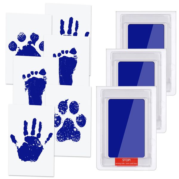 Vicloon Baby Hand and Footprint Kit, Baby Handprint and Footprint Ink Kit Pet Paw Print Kit with 3 Ink Pads and 6 Imprint Cards, Inkless Print Kit Paw Print Kits for Dogs (Blue)