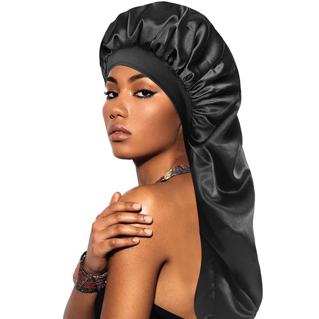 VEGCOO Long Satin Bonnet Sleep Cap, Extra Large Silk Bonnet for Curly Straight Long Hair, Soft Silk Hair Wrap Hair Bonnet for Women Girls Sleep(Black)