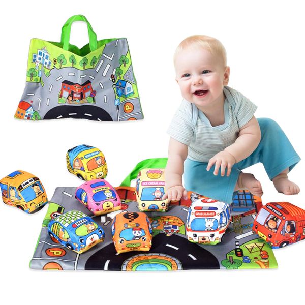 9PCS Soft Plush Car Toy Set with Playmat and Storage Bag – Perfect for 1-3 Year Old Boys and Girls, Ideal 1st Birthday Gift for Infants Aged 6-18 Months