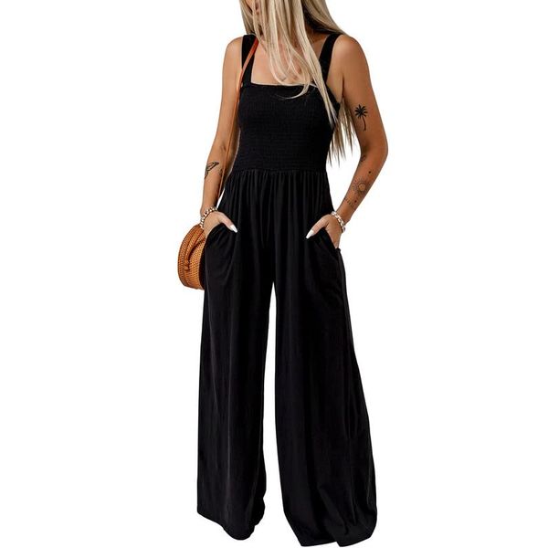 Dokotoo Loose Jumpsuits for Women Overalls Oversized Solid Color Wide Leg One Piece Sleeveless jumpsuit Long Pant Romper with Pockets 2024 Fashion Black Large