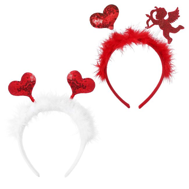 Heart Headbands Sequin Covered Heart Hair Hoops,Valentine's Day Boppers for Women Girls Angel Hairbands with Feathers for Festival Party Headwears(2 Pieces)