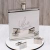 Usher Wedding Design Thin Square 2oz Stainless Steel Hip Flask and Cufflinks Set Presented in Gift Boxes