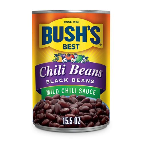 BUSH'S BEST 15.5 oz Canned Black Chili Beans/Mild, Source of Plant Based Protein and Fiber, Low Fat, Gluten Free, (Pack of 12)