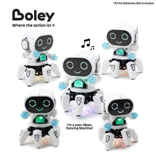 Boley Pioneer Dancing Robot in White and Blue - Walking Dancing Electronic Robot Toy for Kids with Disco Flashing Lights and Dance Music - Battery Operated