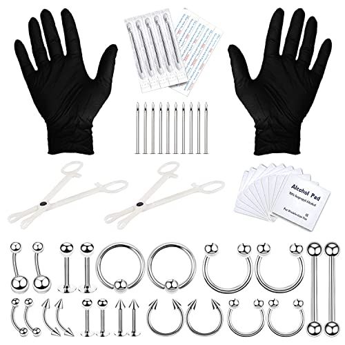 BodyJ4You 36PC PRO Body Piercing Kit | Nose Septum Ear Cartilage Lip Belly Navel Tragus Eyebrow | Surgical Steel 14G 16G BCR CBR Ring Barbell Spike | Tools Needles Gloves Clamps