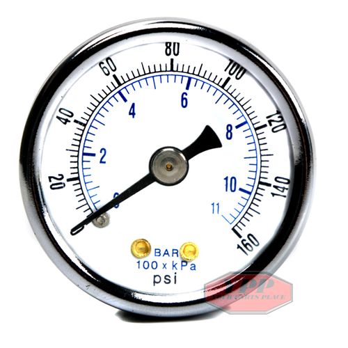 PIC Gauges 102D-158F Center Back Mount Dry Pressure Gauge w/ Black Steel Case, Brass Internals, Chrome Bezel, Plastic Lens, 1.5" Dial, 0/160 psi Range, 1/8" Male NPT