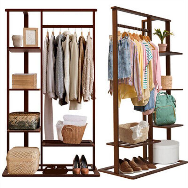 Nut-brown Bamboo Open Wardrobe Clothing Rack Large Storage Standing Garment Rack