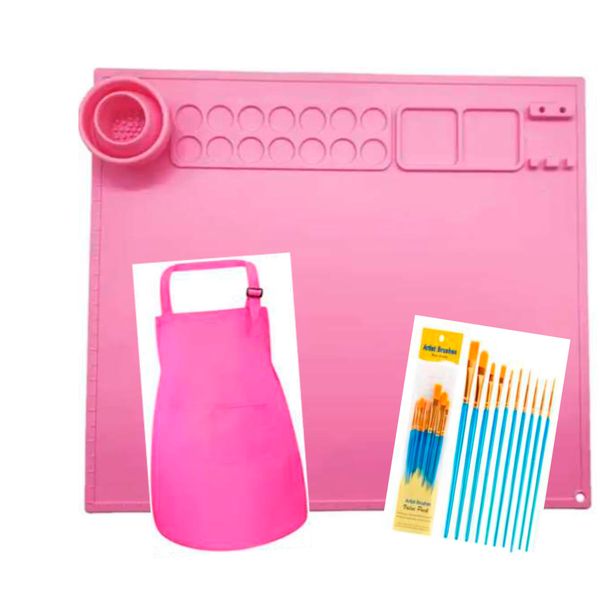 Three in one Kids Painting Set Including Silicone Painting Mat, Kids Painting Apron and Painting Brush. Silicone Art & Painting mat with 1 Water Cup. Mat has14 Color Dividers-2 Paint Dividers (Pink)