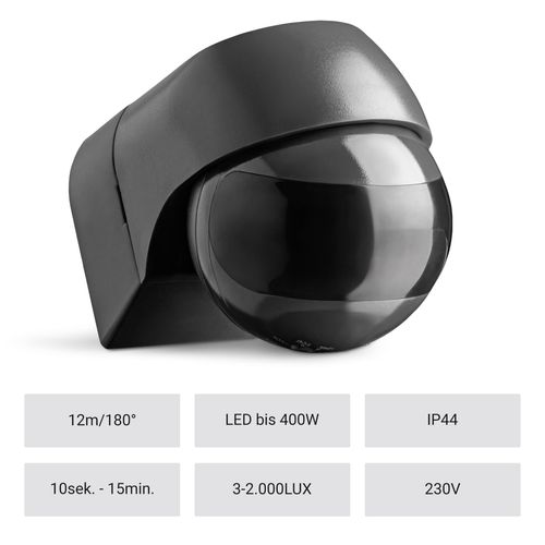 SEBSON® Outdoor Motion Sensor IP44, Surface-Mounted, Wall Mounted, Programmable, Infrared Sensor, Range 12 m/180°, Suitable for LED, Swivelling
