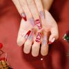 Bufenia French Coffin False Nails Flash Gradient Nude Pink Press on Nails Glitter Heart Rhinestones Ballerina Fake Nails Glossy Acrylic Nails for Women and Girls 24Pcs (Red Heart)
