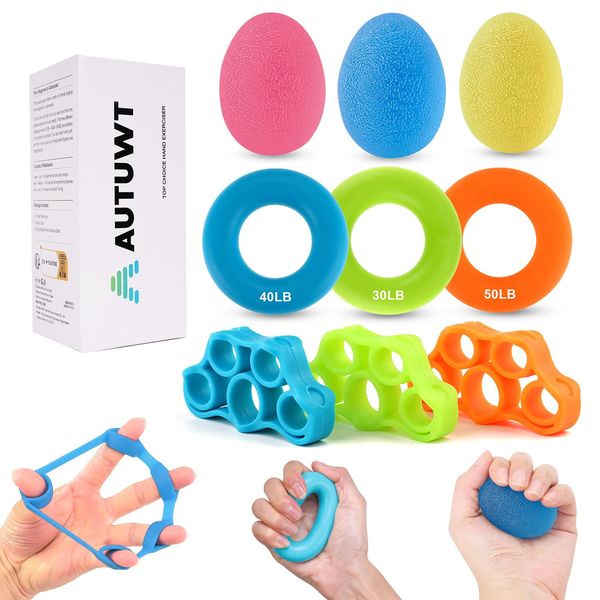 Finger Trainer 9Pcs Set Hand Grip Strengthener, Silicone Fingers Exerciser Hand Squeeze Ball Kit for Grip Strength, Muscle Training, Sports, Rock Climbing, Fitness