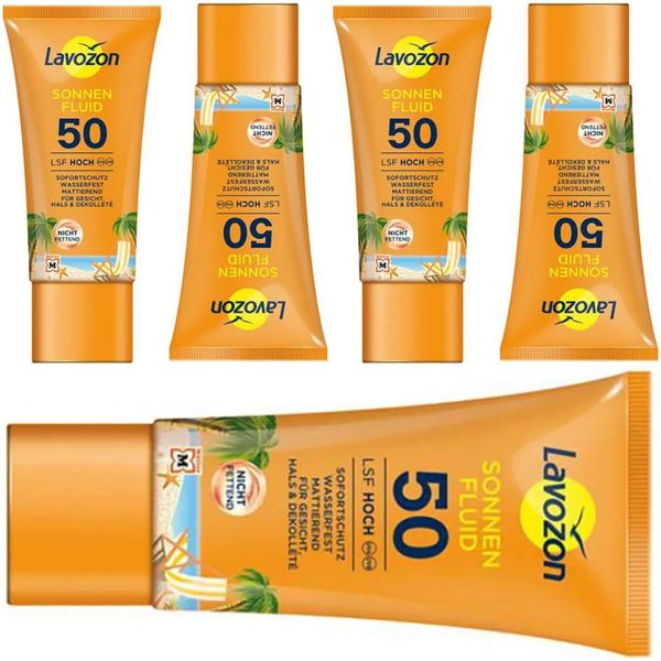 LAVOZON Sonnencreme Face Sonnenfluid Sonnenschutzmittel, LSF 50, 50 Mililiter x 5 STÜCK mit Pufai Überraschungsgeschenk