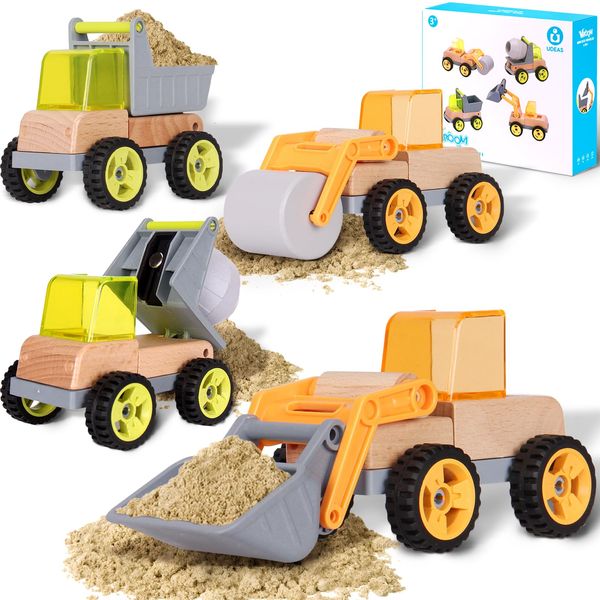 Udeas Wooden Construction Toy Trucks for Toddlers, 4PCS Mini Vehicle Toys Shovel, Tip Lorry, Road Roller, Mixer, Toy Car Gifts for 3 4 5 6 Year Old Boys Girls