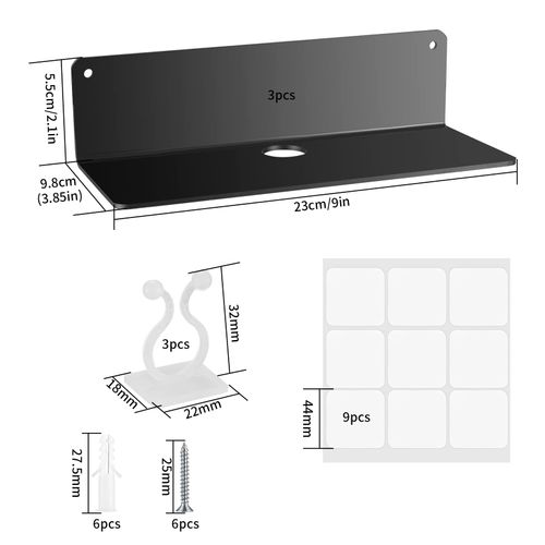 OIJOIYOI 3 Pcs Acrylic Floating Shelves, Wall Mounted Display Shelf Self Adhesive, Wall Storage Shelves for Bathroom Office Picture Ledge Book Plant Speaker, with Cable Clips, Stickers, Screws, Black