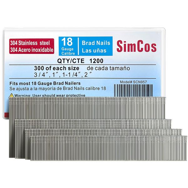 SimCos 18 Gauge 304 Stainless Steel Brad Nails (2",1-1/4" 1", 3/4"), Assorted 1200 Counts for 18 GA Pneumatic or Electric Brad Nailer or Brad Nail gun,Project Pack