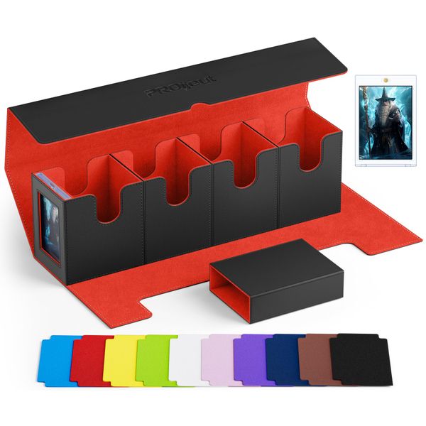 Proijeut Card Deck Box with Commander Display, 5 in 1 Card Deck Case with Dice Tray Fit 800+ Unsleeved Cards, Commander Deck Box with 35pt Magnetic Card Holder and 10 Colorful Dividers (Black&Red)