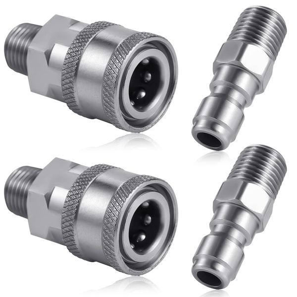 KINBOM 4pcs Pressure Washer Coupler, NPT 1/4inch Stainless Steel Quick-Connect Fittings Male & Female Pressure Washer Accessories (External Thread)