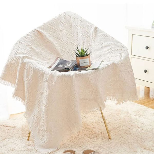 Knitted Tablecloth White Knit Small Tablecloth Knitted Tassel Tablecloth Bedside Tablecloth Single Sofa Cover Table Cloth for Small Coffee Table (130*130 CM)