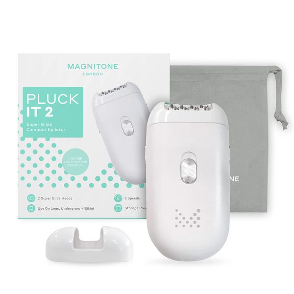 Magnitone PluckIt2 Super Glide Compact Epilator, Long Lasting Hair Removal, for Use on Legs, Underarms & Bikini, USB Rechargeable, 2 Interchangeable Heads, with Storage Pouch