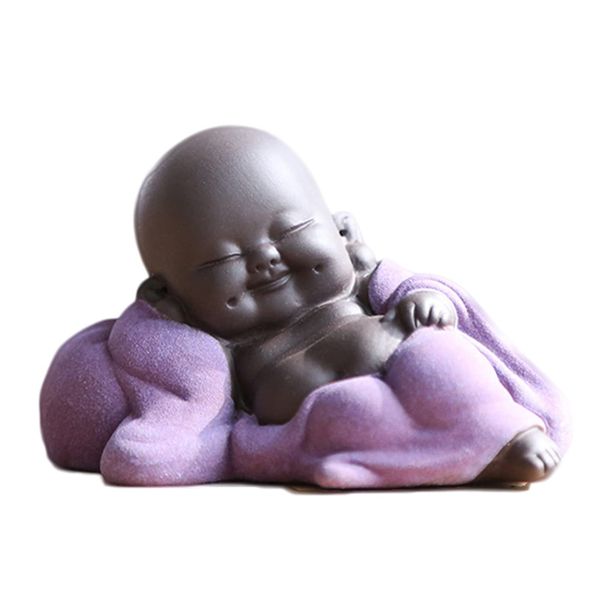 Qikuver Laughing Maitreya Buddha, Ceramic Buddha Statue Ornament Tea Sculpture Little Monk Decor Tea Set for Home Office Car Decors Gift Crafts and Arts (Purple)