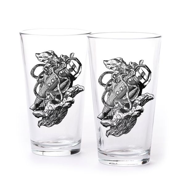 Black Lantern Beer Glasses – Craft Beer Pint Glasses, Kitchen Glassware Sets – Kraken 16oz. Pint Glass Set of Two - Octopus Decor - Nautical Themed Pub Glass