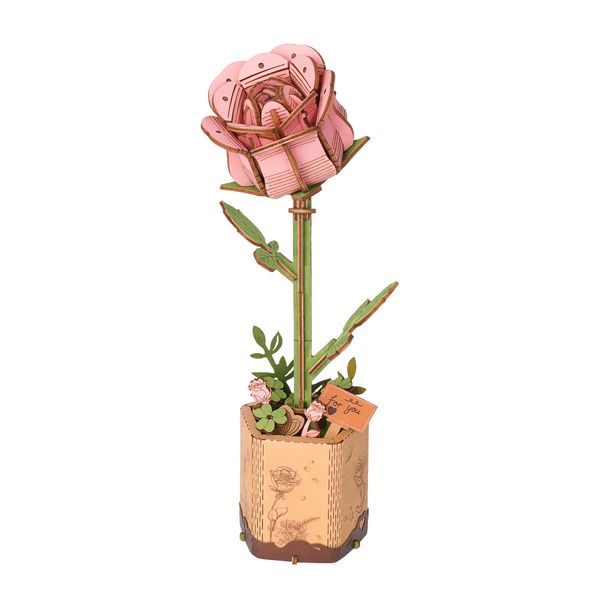 ROBOTIME 3D Puzzles Wooden Flower Pink Rose DIY Model Building Kit to Build for Adults Artifical Bouquet Botanical Collection Craft Brain Teaser Puzzle Creative Gift Home Decor