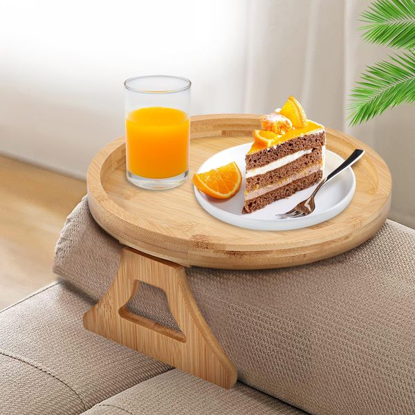 Heveer Bamboo Sofa Arm Tray Table Foldable Wood Sofa Side Table Portable Waterproof Couch Armrest Tray Couch Arm Clip Table for Remote Control Drinks Snacks Phone