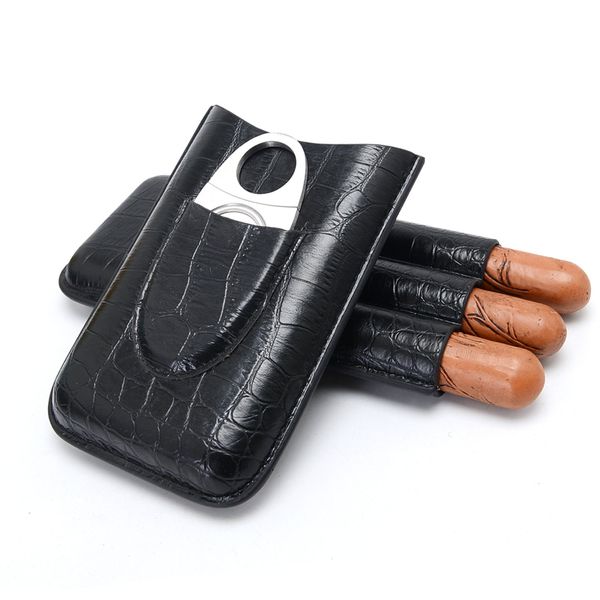 Cigar Case. Premium Stainless Steel Cutter Included. Crocodile PU Leather (Black)