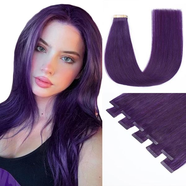 HotLulana Tape Extensions Echthaar Purple Skin Weft Extensions Echthaar 100% Colored Soft Natürliche Echthaar Extensions Tape Ins Gerade Invisible Tape Extensions 10stück 25g 20zoll/50cm.