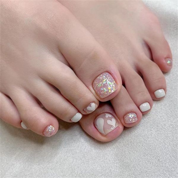 24pcs French Tip False Toenails - White Heart Glitter Stick on Toe Nails - Press on Toenails Removable Glue-on Toenails Fake Toe Nails Full Cover Acrylic Toe Nail Art Tips for Women Girls