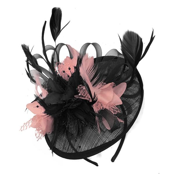 Black and Peach Nude Sinamay Disc Saucer Fascinator Hat for Women Weddings Bird Cage Veil Headband