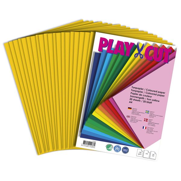 PLAY-CUT Tonpapier A4 Sonnengelb (130g/m2) | 20 Bogen Din A4 Papier zum Basteln Drucken | Dickes Bedruckbares Bastelpapier Set und Druckerpapier A4 | Premium Tonzeichenpapier & Craft Paper