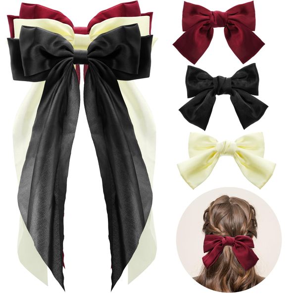 6 Pack Bow Hair Clips, French Barrettes with Long Satin Tail, Solid Color Silky Hair Bows Barrettes, Simple Hair Fastener Accessories for Women Girls (Black White Red, 3 Long 3 Short)