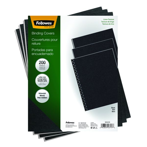 Fellowes Binding Linen Presentation Covers, Letter, Black, 200 Pack (5217001), Black Linen