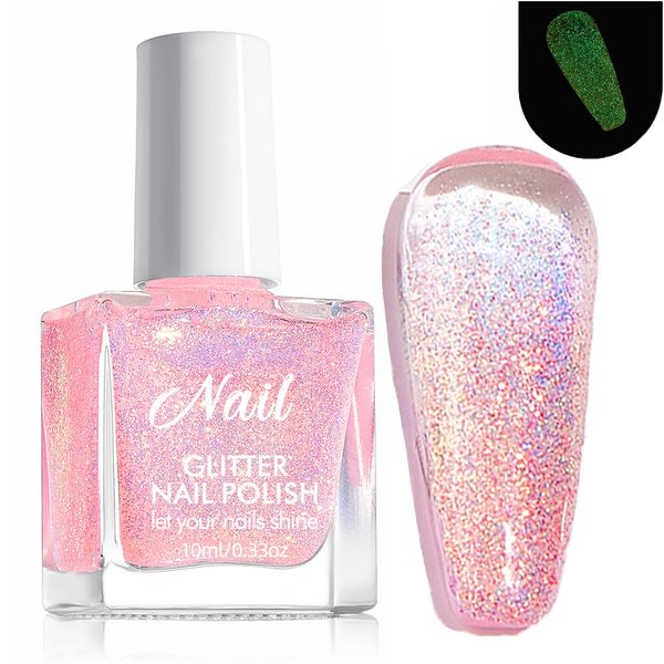 Glitter Nail Polish - Pink Nail Varnish, Water-Based Nail Polish Quick Dry & Long Lasting, No Bake No Chip Breathable Nail Polish for Women Girls DIY Home Manicure Polish Nails Beauty (Pink, 10ml)