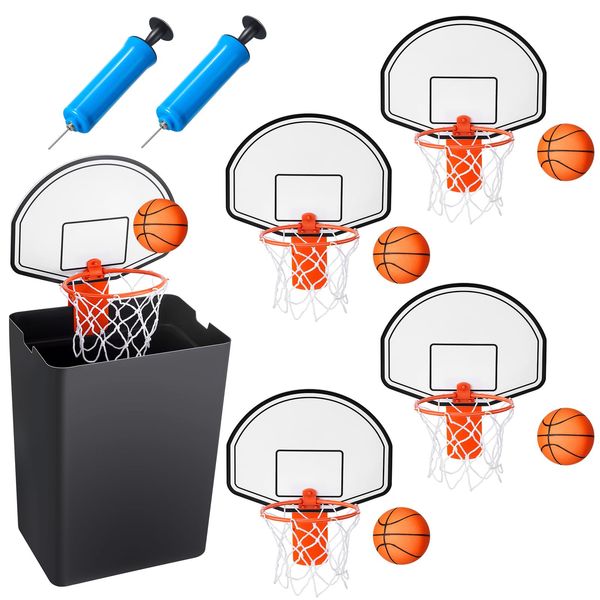 Liliful 4 Pack Indoor Trash Can Basketball Set, Including 4 Pcs Clip on Hoop with Backboard, 4 Pcs Inflatable Ball and 2 Pcs Pump, Fun Indoor Basketball Game Office Stress Relief Toy Fun Birthday Gift