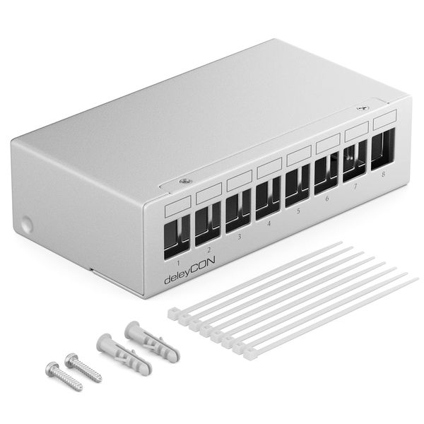 deleyCON 8 Port Patchpanel Gehäuse 1 HE für 14,9 mm x 17 mm Keystone Module mit z.B. RJ45 Koaxialstecker BNC F-Stecker Antennenstecker RJ-11 Cinch Klinke USB Toslink PS2 HDMI - Grau