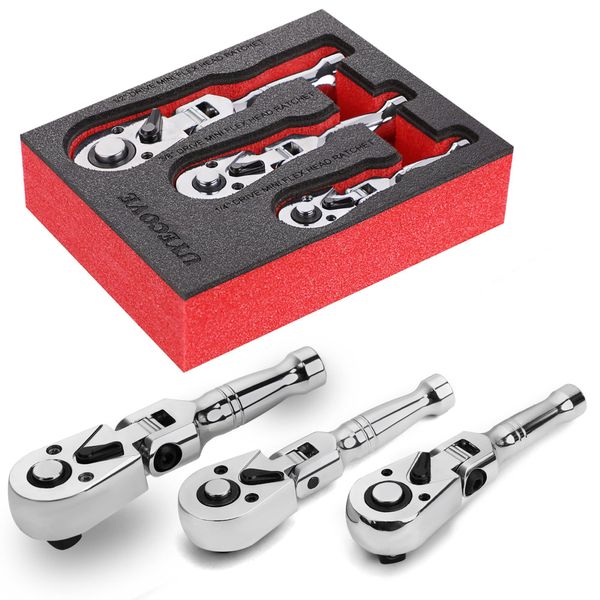 UYECOVE 1/2 3/8 1/4 Inch Drive Stubby Ratchet, Flex Head Ratchet Set Mini Stubby Ratchet Wrench Set, 72 Tooth Quick Release Head Socket Wrench