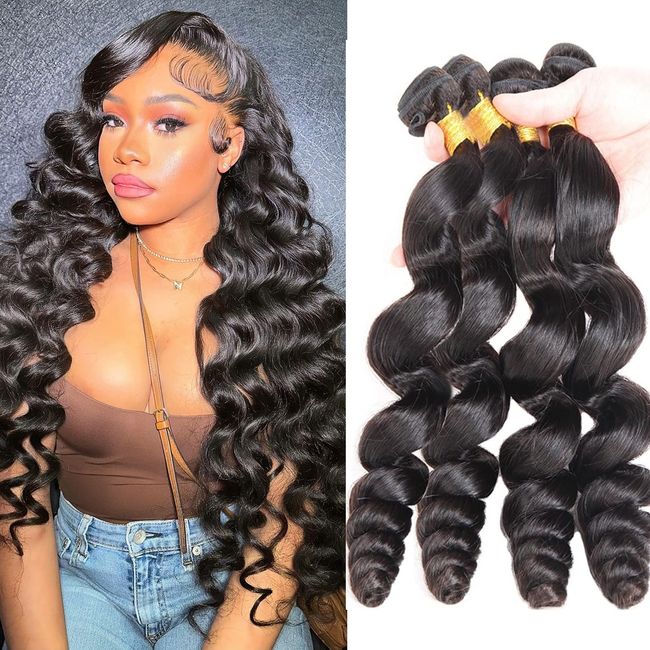 Loose Wave Human Hair Bundles Brazilian Virgin Loose Wave Bundles Ocean Wave 100% Unprocessed Weave Bundles Human Hair 4 Bundles (16 18 20 22 Inch) Natural Black Color Hair Extensions for Black Women