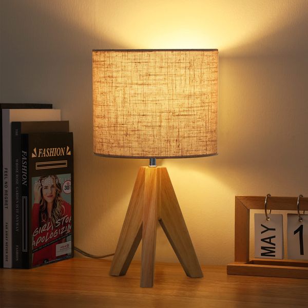 EDISHINE 36cm Wood Bedside Table Lamp, Tripod Desk Lamp with Beige Linen Lampshade, On-Off Switch, Desk Lamps for Reading, Bedroom, Living Room, Study, Office, E27 Base