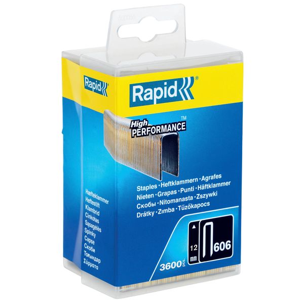 Rapid High-Performance Staples for Dense Materials, Narrow Crown No. 606, Leg Length 12mm, Staple Gun Staples, Resin-Coated Galvanised Steel, 3600 Pieces, Plastic Box (40303093)