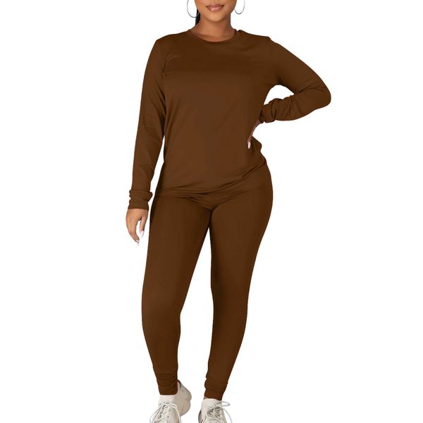 Kaximil Women's Workout Tracksuit 2 Piece Outfits Long Sleeve Top Legging Jogger Pants Set, Large, Coffee