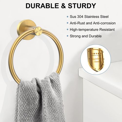 SetSail Towel Holder for Bathroom Wall Screw-in Gold Towel Ring Stainless Steel Hand Towel Holder 4 Packs Towel Hanger for Bath, Kitchen