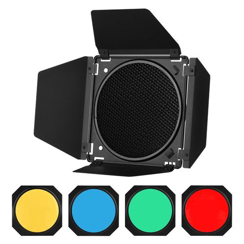 GODOX Barn Door with Honeycomb Grid 4 Color Gel Filters for 7 Inch Standard Reflector Replacement for GODOX SL60W SL150II SK400II Studio Light Portrait Still Life Photography