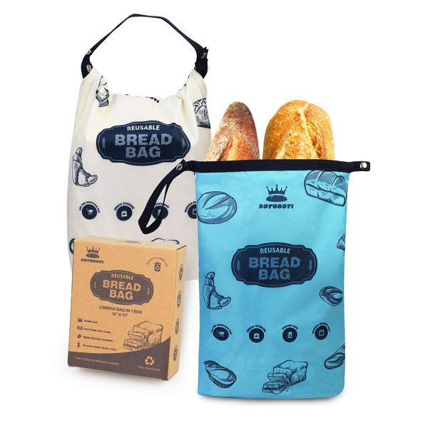 Royoroyi Bread Bags for Homemade Bread,2 Packs Reusable Bread Bag,Freezer Bread Storage Bag,Waterproof Zipper Bread Container to Keep Bread Fresh gift giving (beige， Jewel Blue)