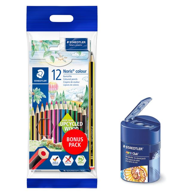 Staedtler Buntstifte Noris Colour 12 Stück, rutschfeste Soft-Oberfläche, hohe Bruchfestigkeit, Bonuspack mit Radierer, Bleistift und Doppelspitzdose