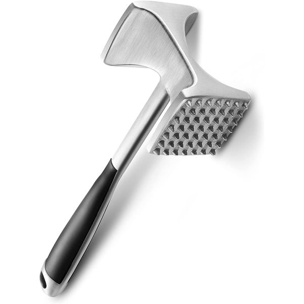 Meat Tenderizer Stainless Steel - Oversized Kitchen Mallet, Soft Grip Handle, Tool Maximizes Food Flavor, Spiked Side Tenderizes, Meat Pounder Flattener - Non-Slip Grip