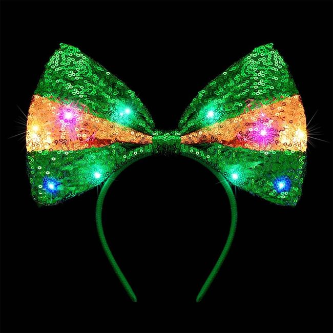 JONKY St Patricks Day Bows Headband Light Up Green Hair Hoop Irish Party Costume Saint Patricks Day Hair Accessories for Women and Girls