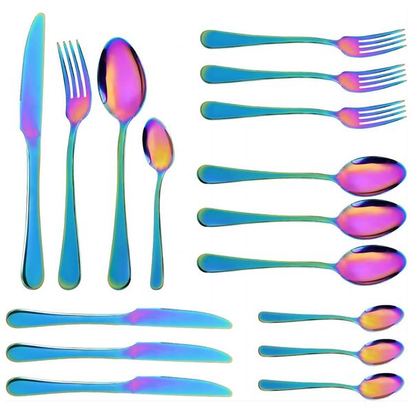 Rainbow Cutlery Sets, 16 Piece Mixed Knives and Forks Set Reusable Tableware, Stainless Steel Dinner Knives Spoons Kitchen Cutlery for 4